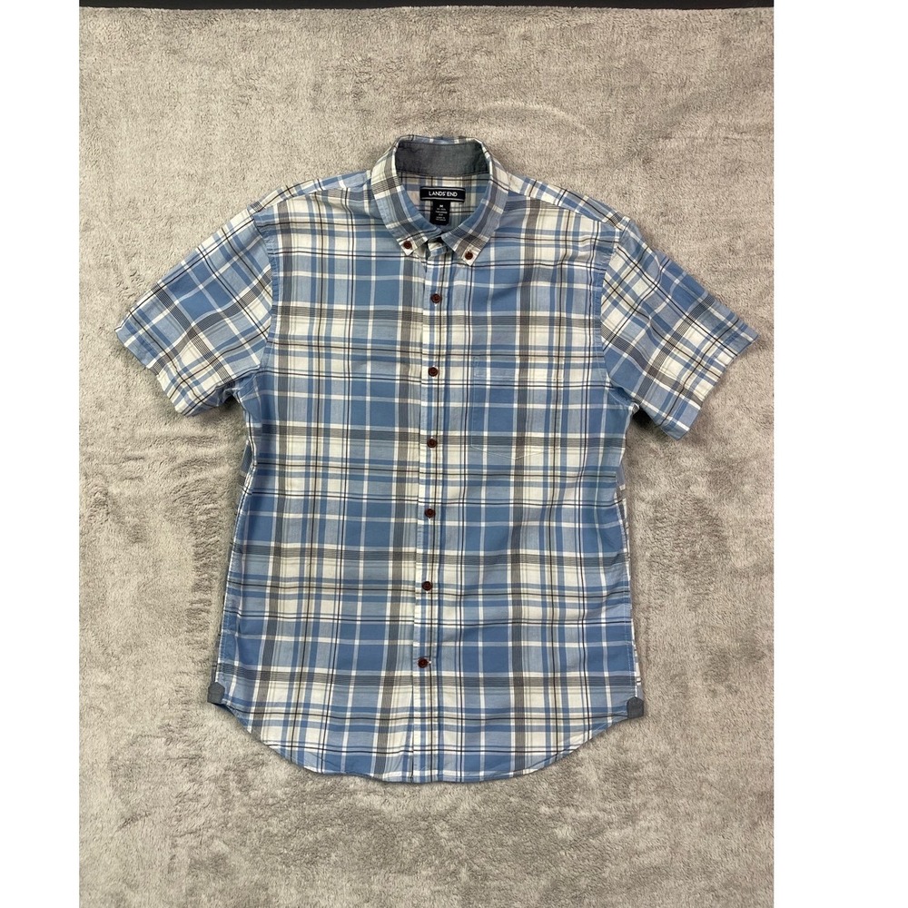 Lands' End Men's Medium Tailored Fit Blue Plaid Button Down Shirt 100% Cotton